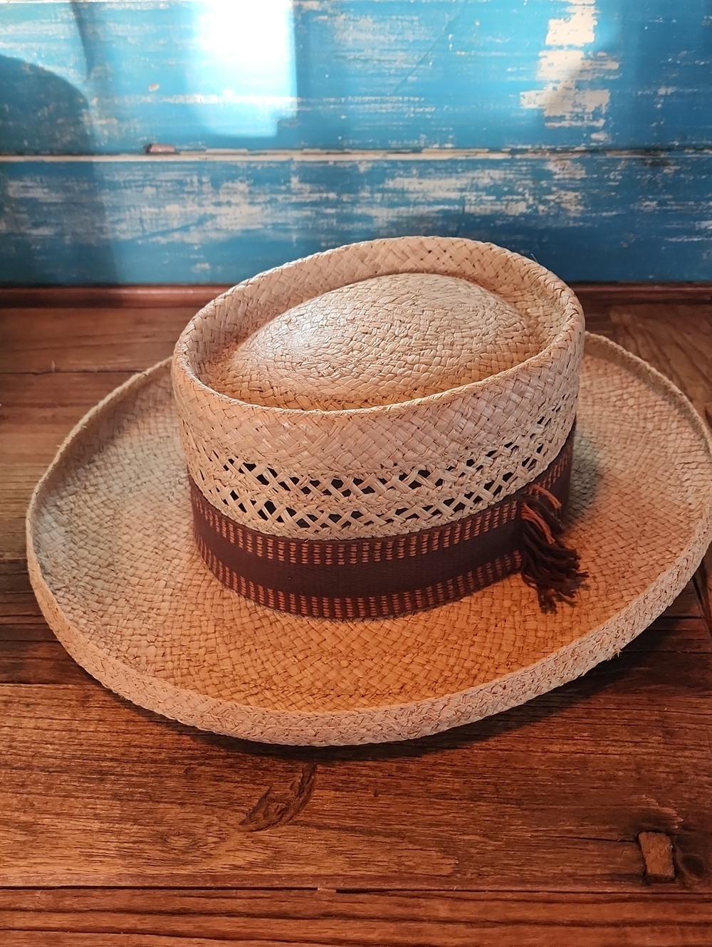 Stetson Natural Straw Boater Hat with Brown-Orange Band Vintage